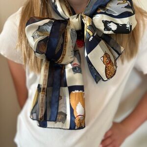 Charming Cat Print Silk Scarf Gold Shimmer Cat Lover